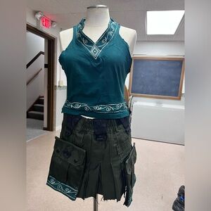 Teal and Olive Green Halter Top and Skirt Set